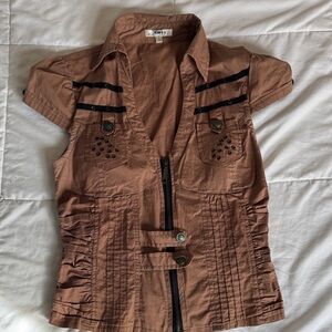 Lily Brown Zippered Blouse with Black Accents